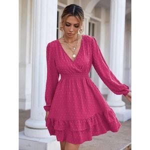 Never Worn Hot Pink Long Sleeve Ruffle Hem Dot Dress Size 6(M)